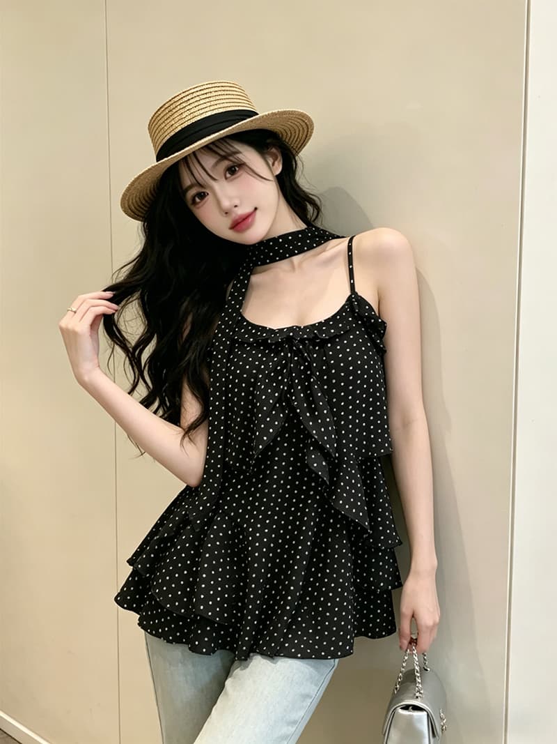 있음 보호 여름 켜기 새로운 순수한 욕망 바람 슈퍼 폭발 ~ 중 프릴 도트 무늬 슬립 시폰 셔츠 여성 경기 스카프 상세 이미지 5