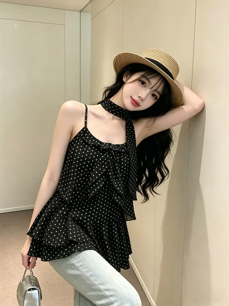 있음 보호 여름 켜기 새로운 순수한 욕망 바람 슈퍼 폭발 ~ 중 프릴 도트 무늬 슬립 시폰 셔츠 여성 경기 스카프 상세 이미지 8