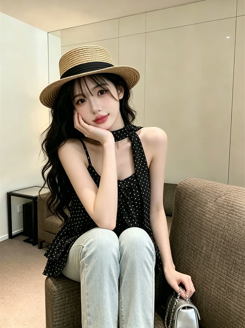 있음 보호 여름 켜기 새로운 순수한 욕망 바람 슈퍼 폭발 ~ 중 프릴 도트 무늬 슬립 시폰 셔츠 여성 경기 스카프 상세 이미지 9