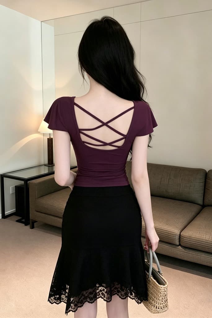 있음 보호 순수한 욕망 섹시함 홀로우 아웃 뒤로 연꽃 잎 소매 티셔츠 여성 몸매 가꾸기 슬림해 보이는 반팔 맨위 작은 셔츠 이미지 6
