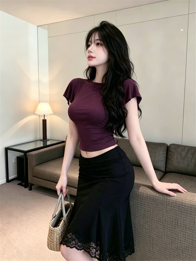 있음 보호 순수한 욕망 섹시함 홀로우 아웃 뒤로 연꽃 잎 소매 티셔츠 여성 몸매 가꾸기 슬림해 보이는 반팔 맨위 작은 셔츠 상세 이미지 7