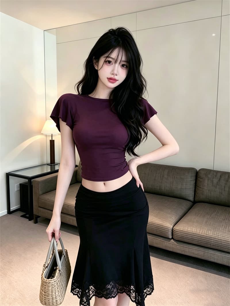 있음 보호 순수한 욕망 섹시함 홀로우 아웃 뒤로 연꽃 잎 소매 티셔츠 여성 몸매 가꾸기 슬림해 보이는 반팔 맨위 작은 셔츠 상세 이미지 8
