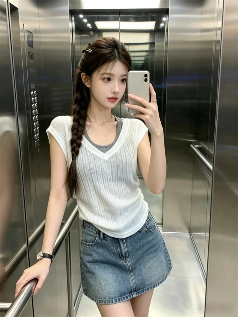 있음 보호 여름 켜기 새로운 자이언트 잘 생긴 한 부서 V넥 배색 페이크 레이어드 반팔 티셔츠 여성 레저 품격 맨위 상세 이미지 7