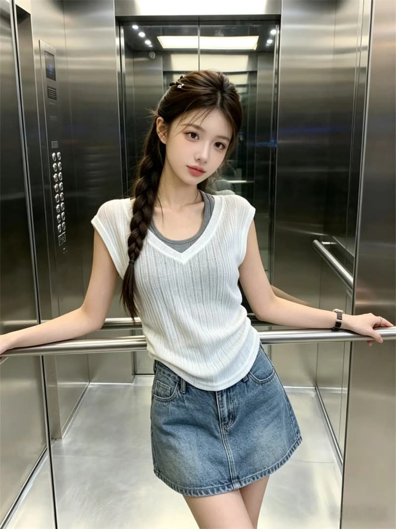 있음 보호 여름 켜기 새로운 자이언트 잘 생긴 한 부서 V넥 배색 페이크 레이어드 반팔 티셔츠 여성 레저 품격 맨위 상세 이미지 8