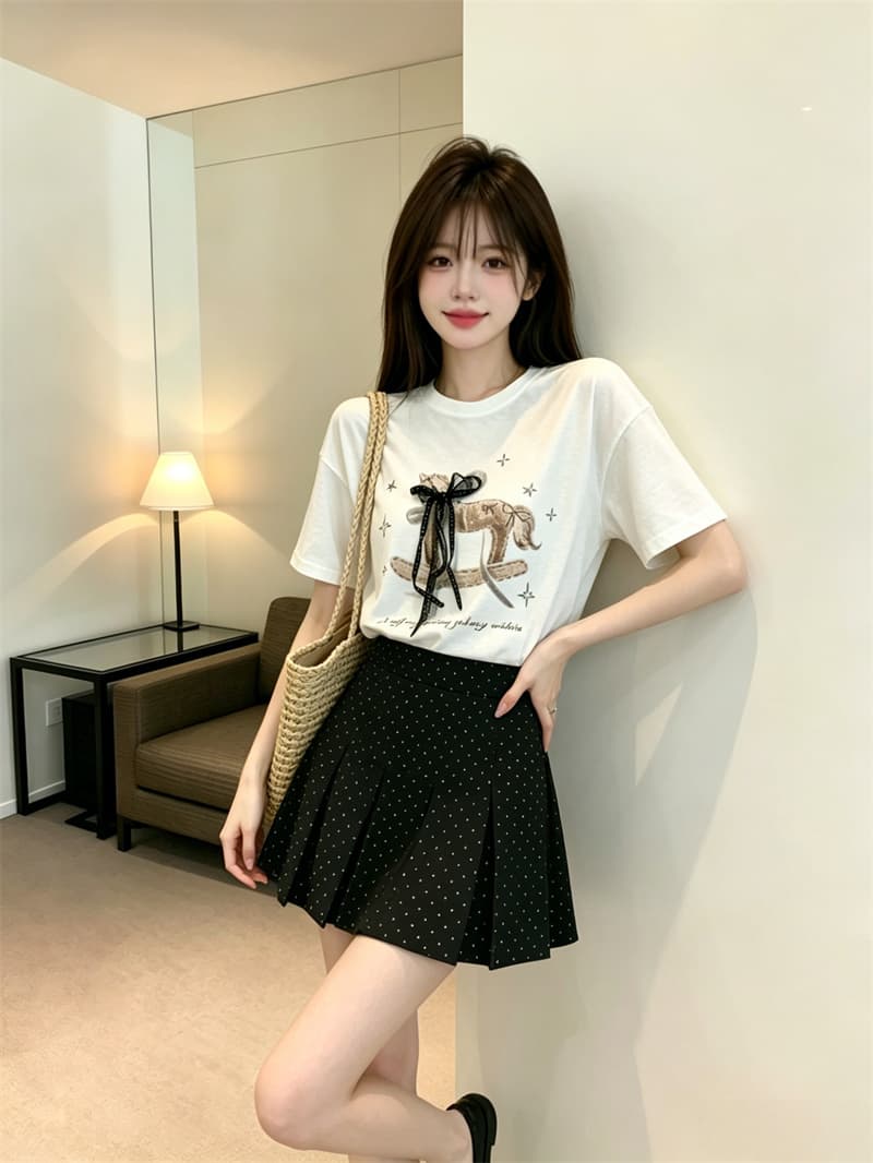 있음 보호 여름 켜기 새로운 한 부서 품격 레이스 나비 매듭 리본 트로이 목마 프린트 반팔 티셔츠 여성 셔츠 이미지 2