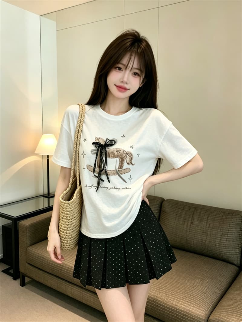 있음 보호 여름 켜기 새로운 한 부서 품격 레이스 나비 매듭 리본 트로이 목마 프린트 반팔 티셔츠 여성 셔츠 이미지 3