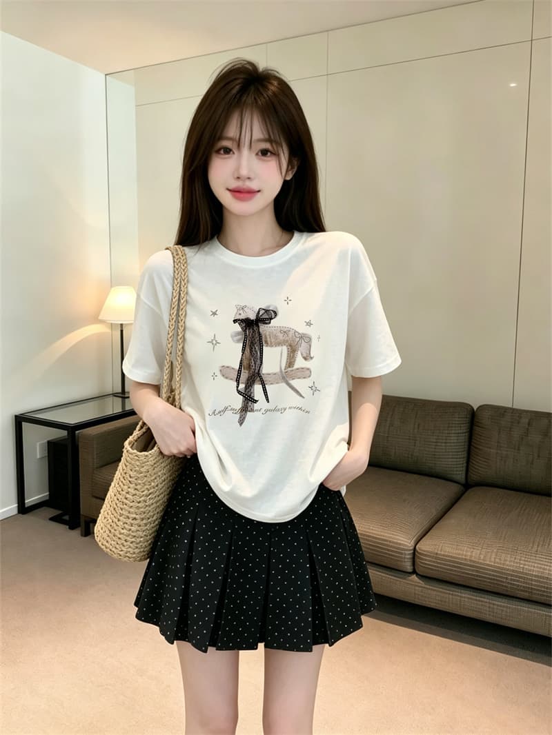 있음 보호 여름 켜기 새로운 한 부서 품격 레이스 나비 매듭 리본 트로이 목마 프린트 반팔 티셔츠 여성 셔츠 상세 이미지 5