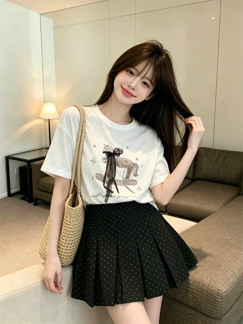 있음 보호 여름 켜기 새로운 한 부서 품격 레이스 나비 매듭 리본 트로이 목마 프린트 반팔 티셔츠 여성 셔츠 상세 이미지 13