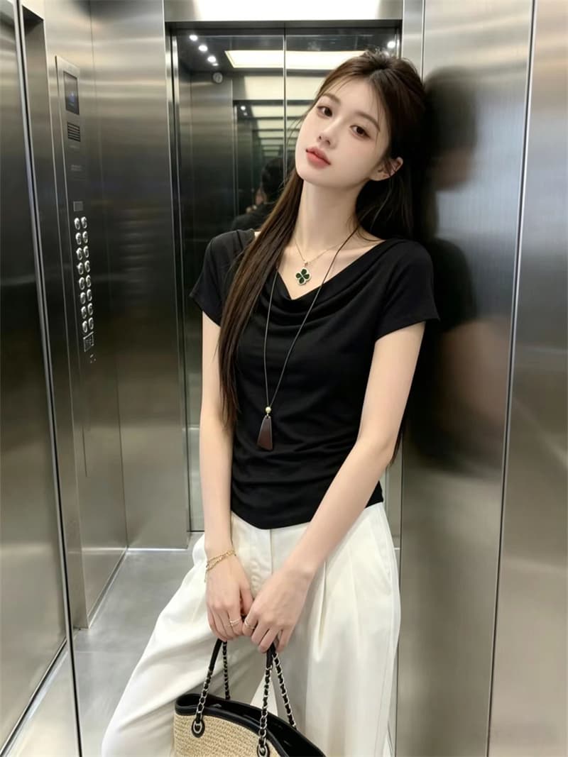 있음 보호 여름 켜기 새로운 한 부서 휴식 느긋한 흔들다 칼라 반팔 티셔츠 여성 셔츠 홀로우 아웃 버튼 매듭 뒤로 작은 셔츠 이미지 3