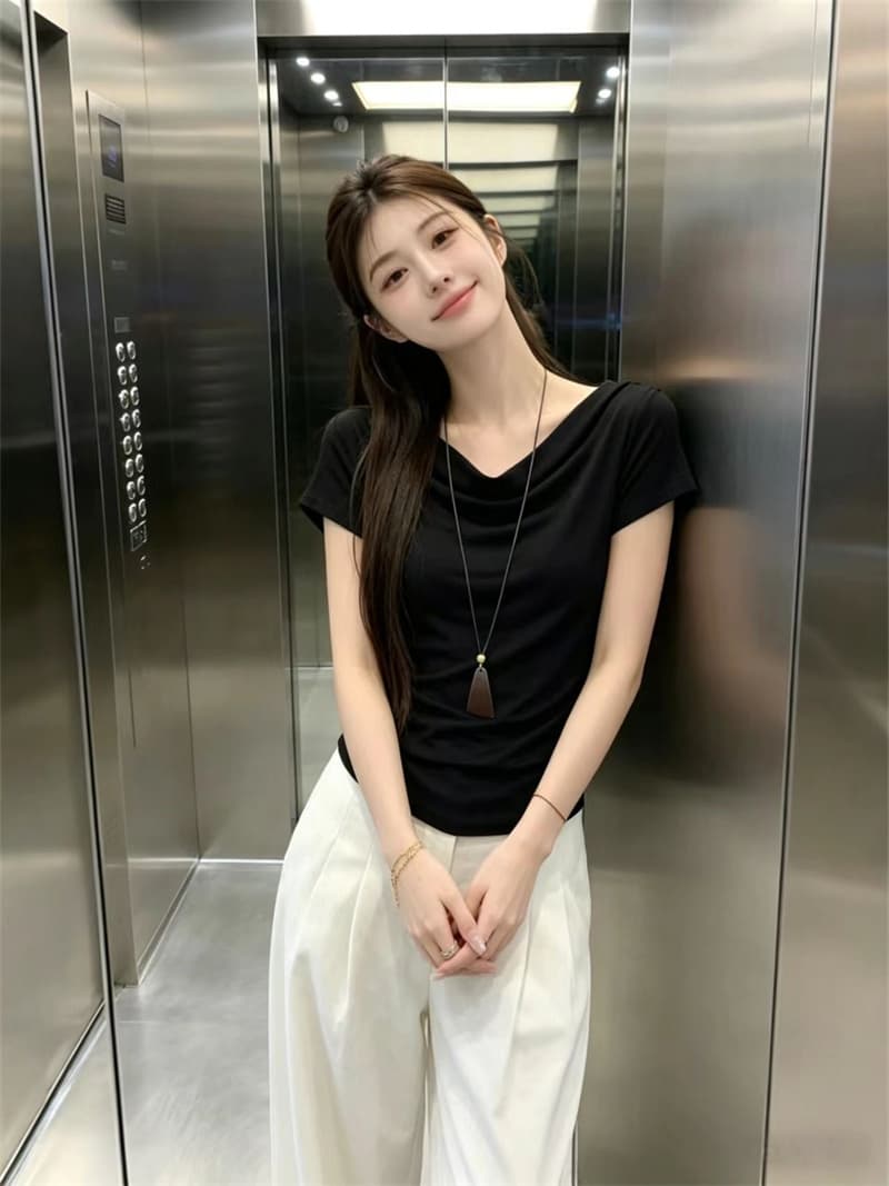 있음 보호 여름 켜기 새로운 한 부서 휴식 느긋한 흔들다 칼라 반팔 티셔츠 여성 셔츠 홀로우 아웃 버튼 매듭 뒤로 작은 셔츠 상세 이미지 10