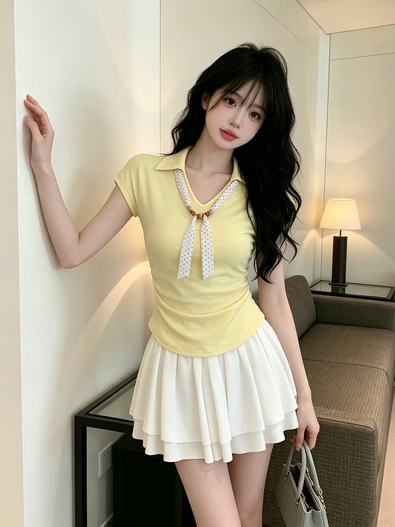 있음 보호 여름 켜기 새로운 한 부서 품격 V넥 반팔 티셔츠 여성 레저 다용도 슬림해 보이는 맨위 트렌디 경기 스카프