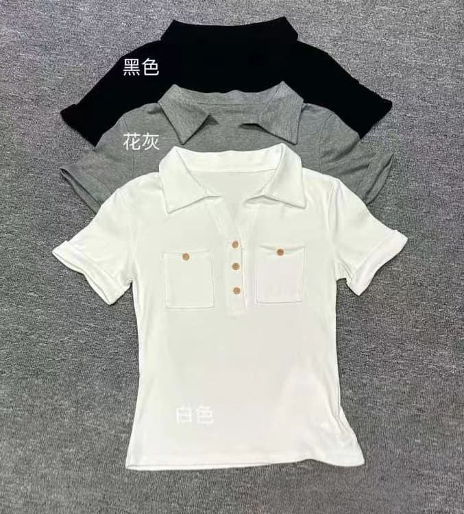 있음 보호 여름 켜기 새로운 미니멀리즘 품격 단추 디자인 POLO 셔츠 몸매 가꾸기 슬림해 보이는 반팔 티셔츠 여성 셔츠 상세 이미지 7