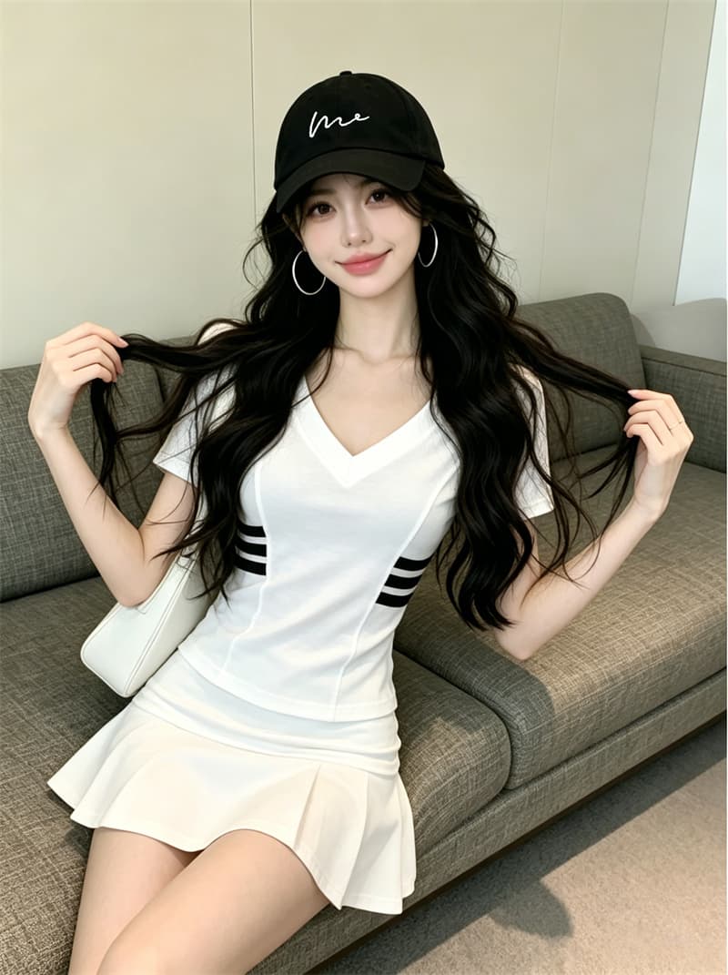 있음 보호 여름 켜기 새로운 패션 다용도 품격 V넥 배색 반팔 티셔츠 여성 몸매 가꾸기 슬림해 보이는 맨위 트렌디 상세 이미지 4