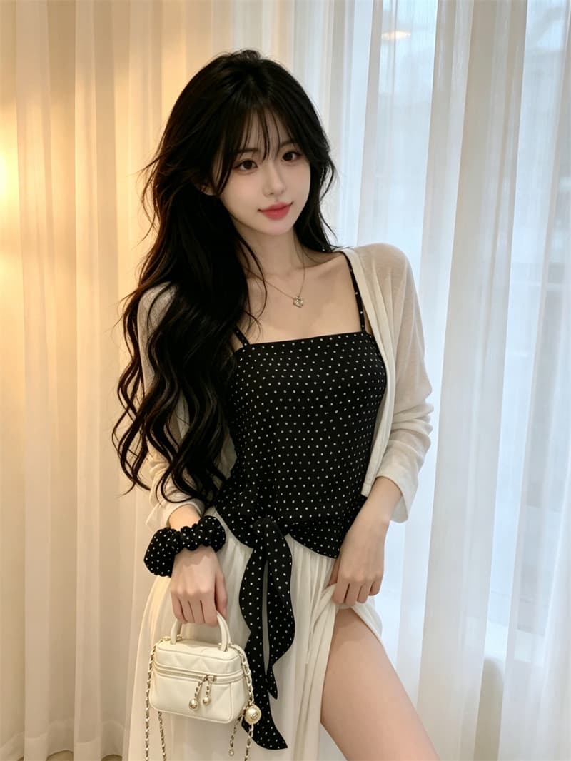 있음 보호 디자인 센스 도트 무늬 스트랩 슬립 얇은 스타일 자외선 차단 오픈 가디건 한 부서 분위기 두 조각 여성 세트 배당 서클 상세 이미지 6