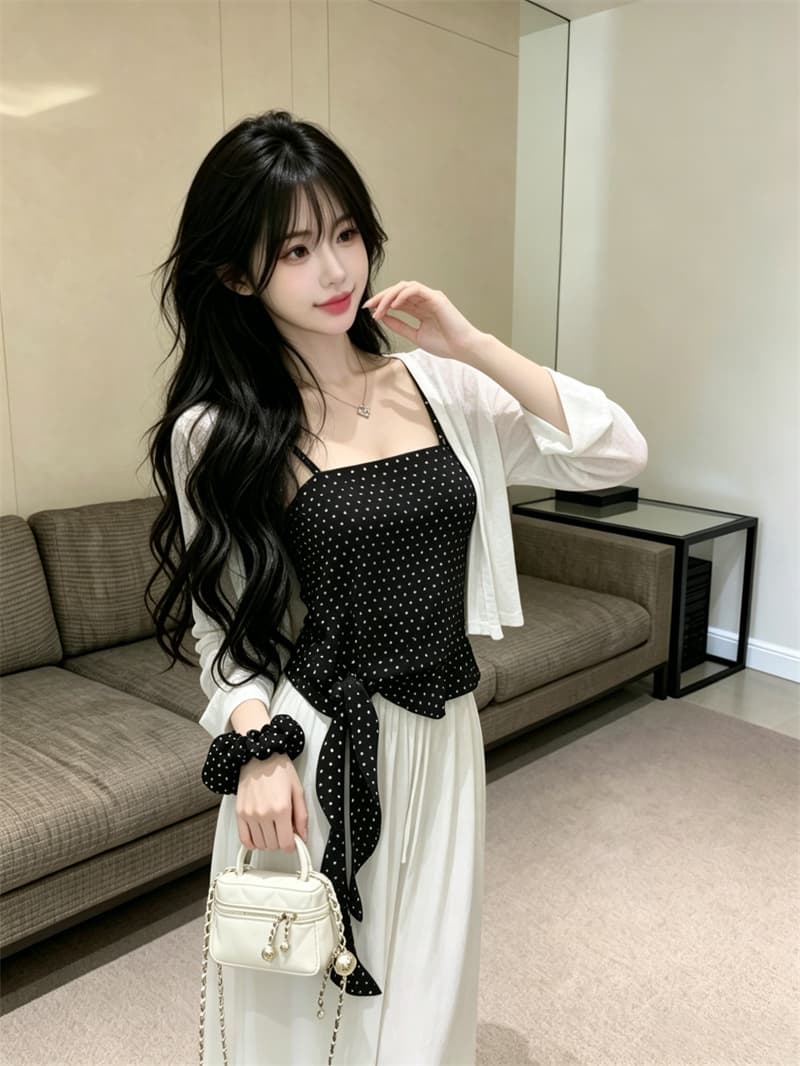 있음 보호 디자인 센스 도트 무늬 스트랩 슬립 얇은 스타일 자외선 차단 오픈 가디건 한 부서 분위기 두 조각 여성 세트 배당 서클 상세 이미지 7