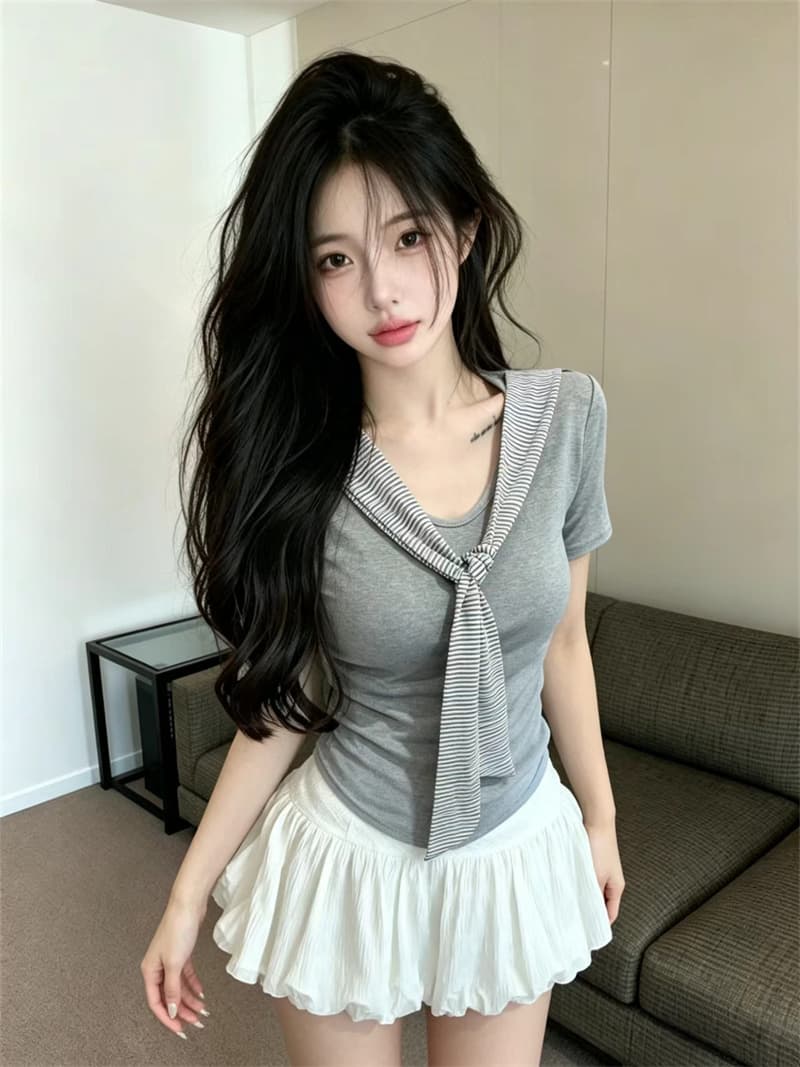있음 보호 여름 켜기 새로운 학원 스타일 페이크 레이어드 스트라이프 숄 펌프 Pleat 허리 수축 슬림해 보이는 맨위 반팔 티셔츠 여성 상세 이미지 1