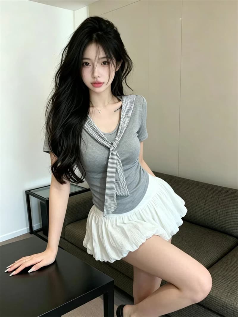 있음 보호 여름 켜기 새로운 학원 스타일 페이크 레이어드 스트라이프 숄 펌프 Pleat 허리 수축 슬림해 보이는 맨위 반팔 티셔츠 여성 상세 이미지 2