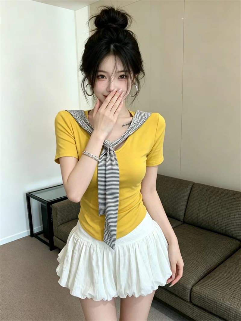 있음 보호 여름 켜기 새로운 학원 스타일 페이크 레이어드 스트라이프 숄 펌프 Pleat 허리 수축 슬림해 보이는 맨위 반팔 티셔츠 여성 상세 이미지 5