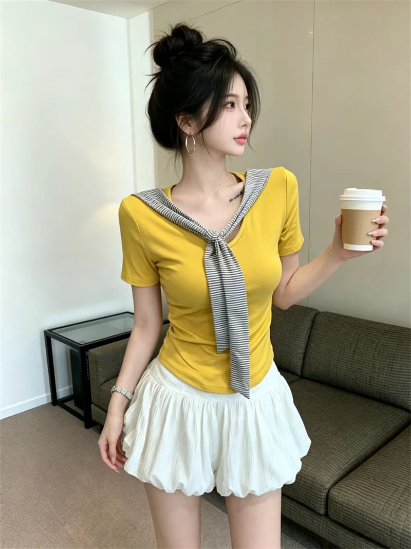 있음 보호 여름 켜기 새로운 학원 스타일 페이크 레이어드 스트라이프 숄 펌프 Pleat 허리 수축 슬림해 보이는 맨위 반팔 티셔츠 여성 상세 이미지 8