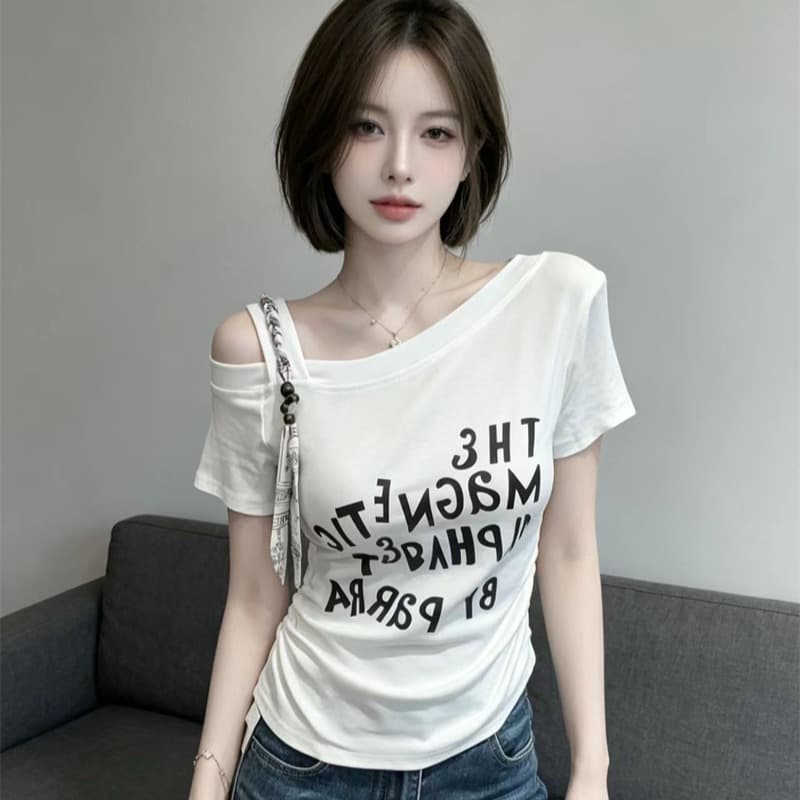 있음 보호 여름 켜기 새로운 순수한 욕망 비스듬한 어깨 꼰 로프 알파벳 프린트 반팔 티셔츠 여성 펌프 Pleat 허리 수축 맨위 여성 이미지 5