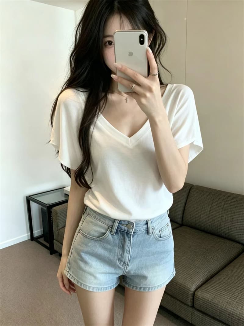 있음 보호 여름 켜기 새로운 한 부서 미니멀리즘 휴식 센스 V넥 루즈핏 박쥐 반팔 티셔츠 여성 단색 맨위 트렌디
