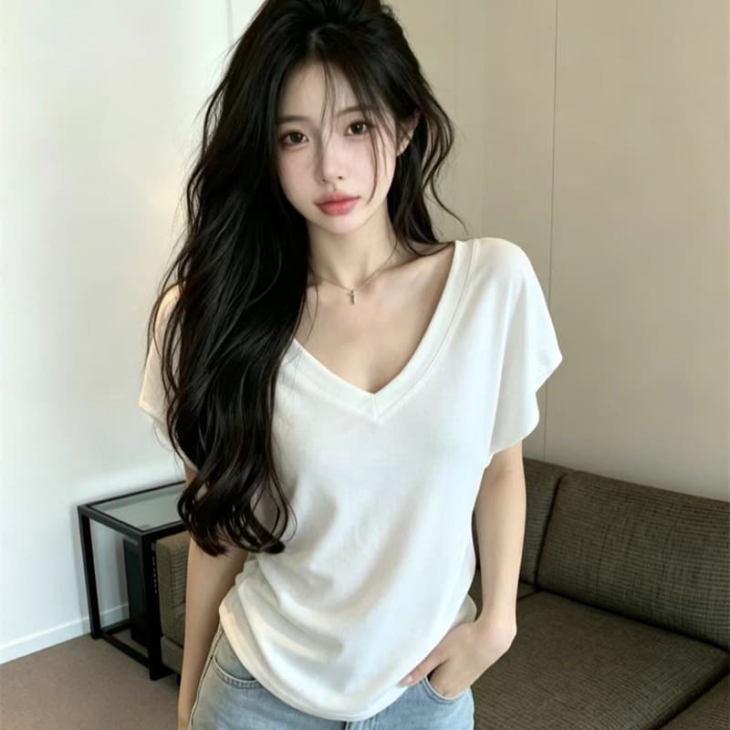 있음 보호 여름 켜기 새로운 한 부서 미니멀리즘 휴식 센스 V넥 루즈핏 박쥐 반팔 티셔츠 여성 단색 맨위 트렌디 이미지 5