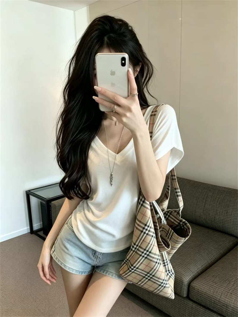 있음 보호 여름 켜기 새로운 한 부서 미니멀리즘 휴식 센스 V넥 루즈핏 박쥐 반팔 티셔츠 여성 단색 맨위 트렌디 상세 이미지 1