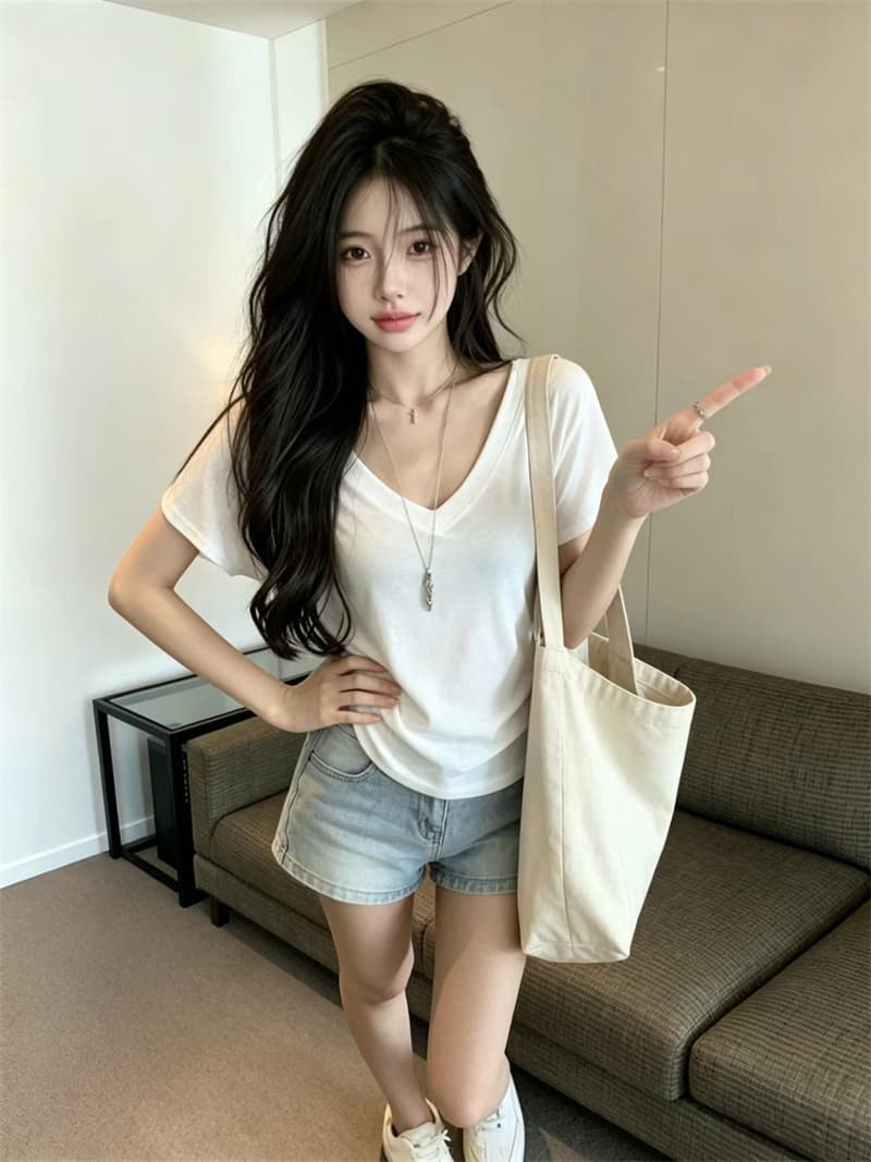있음 보호 여름 켜기 새로운 한 부서 미니멀리즘 휴식 센스 V넥 루즈핏 박쥐 반팔 티셔츠 여성 단색 맨위 트렌디 상세 이미지 2