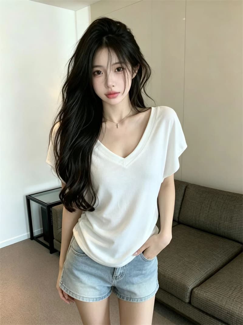 있음 보호 여름 켜기 새로운 한 부서 미니멀리즘 휴식 센스 V넥 루즈핏 박쥐 반팔 티셔츠 여성 단색 맨위 트렌디 상세 이미지 3