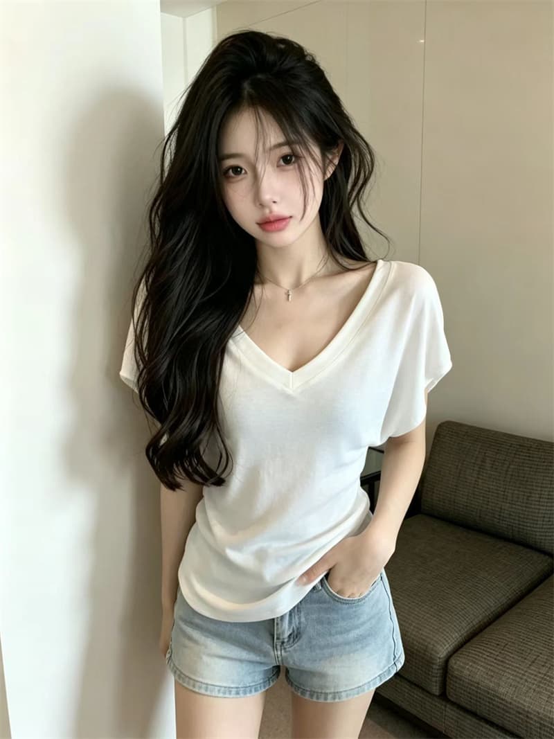 있음 보호 여름 켜기 새로운 한 부서 미니멀리즘 휴식 센스 V넥 루즈핏 박쥐 반팔 티셔츠 여성 단색 맨위 트렌디 상세 이미지 4