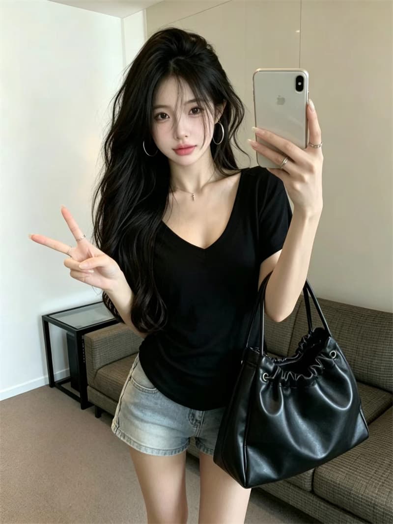 있음 보호 여름 켜기 새로운 한 부서 미니멀리즘 휴식 센스 V넥 루즈핏 박쥐 반팔 티셔츠 여성 단색 맨위 트렌디 상세 이미지 7