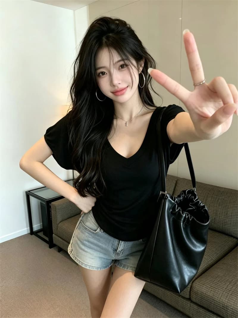 있음 보호 여름 켜기 새로운 한 부서 미니멀리즘 휴식 센스 V넥 루즈핏 박쥐 반팔 티셔츠 여성 단색 맨위 트렌디 상세 이미지 8