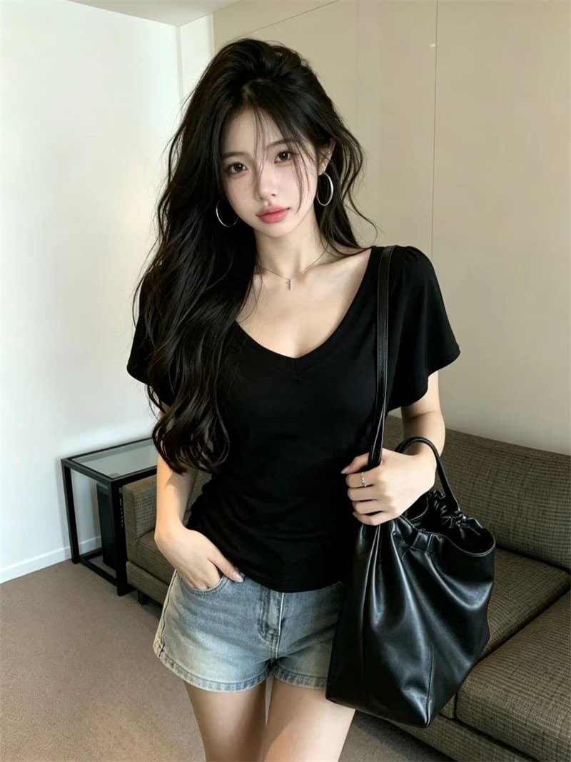 있음 보호 여름 켜기 새로운 한 부서 미니멀리즘 휴식 센스 V넥 루즈핏 박쥐 반팔 티셔츠 여성 단색 맨위 트렌디 상세 이미지 9