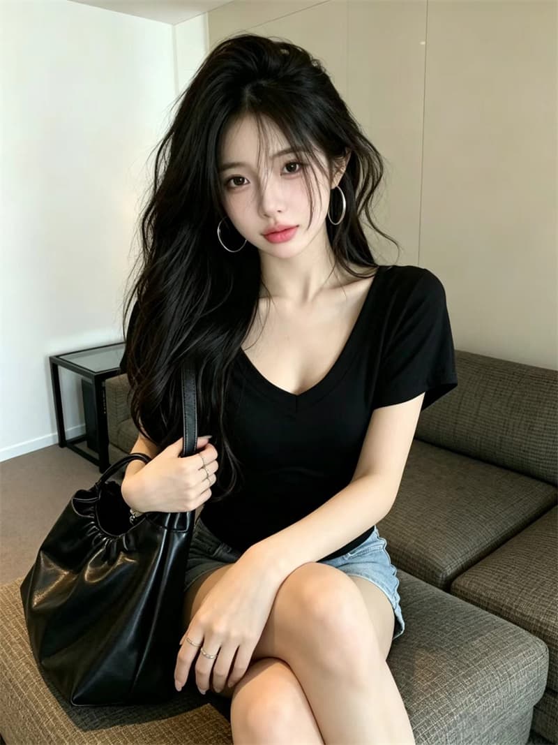 있음 보호 여름 켜기 새로운 한 부서 미니멀리즘 휴식 센스 V넥 루즈핏 박쥐 반팔 티셔츠 여성 단색 맨위 트렌디 상세 이미지 11