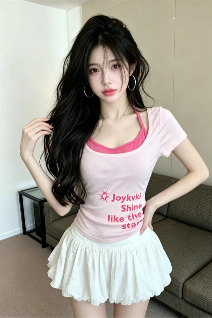 있음 보호 여름 켜기 새로운 순수한 욕망 달콤한 자매 프린트 반팔 티셔츠 여성 아름다움 뒤로 행침 목 투피스 슈트 맨위 여성 이미지 6