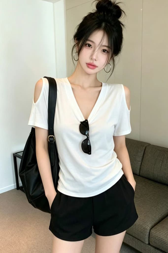 있음 보호 여름 켜기 새로운 한 부서 미니멀리즘 품격 휴식 센스 V넥 오프숄더 반팔 티셔츠 여성 단색 맨위 트렌디 이미지 6