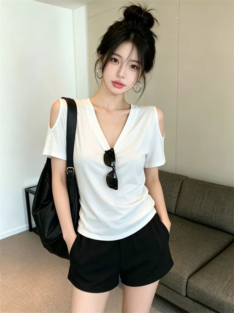 있음 보호 여름 켜기 새로운 한 부서 미니멀리즘 품격 휴식 센스 V넥 오프숄더 반팔 티셔츠 여성 단색 맨위 트렌디 상세 이미지 1