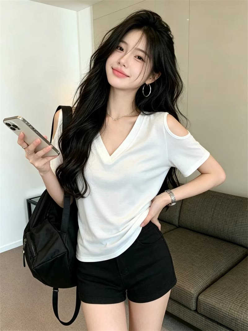 있음 보호 여름 켜기 새로운 한 부서 미니멀리즘 품격 휴식 센스 V넥 오프숄더 반팔 티셔츠 여성 단색 맨위 트렌디 상세 이미지 2