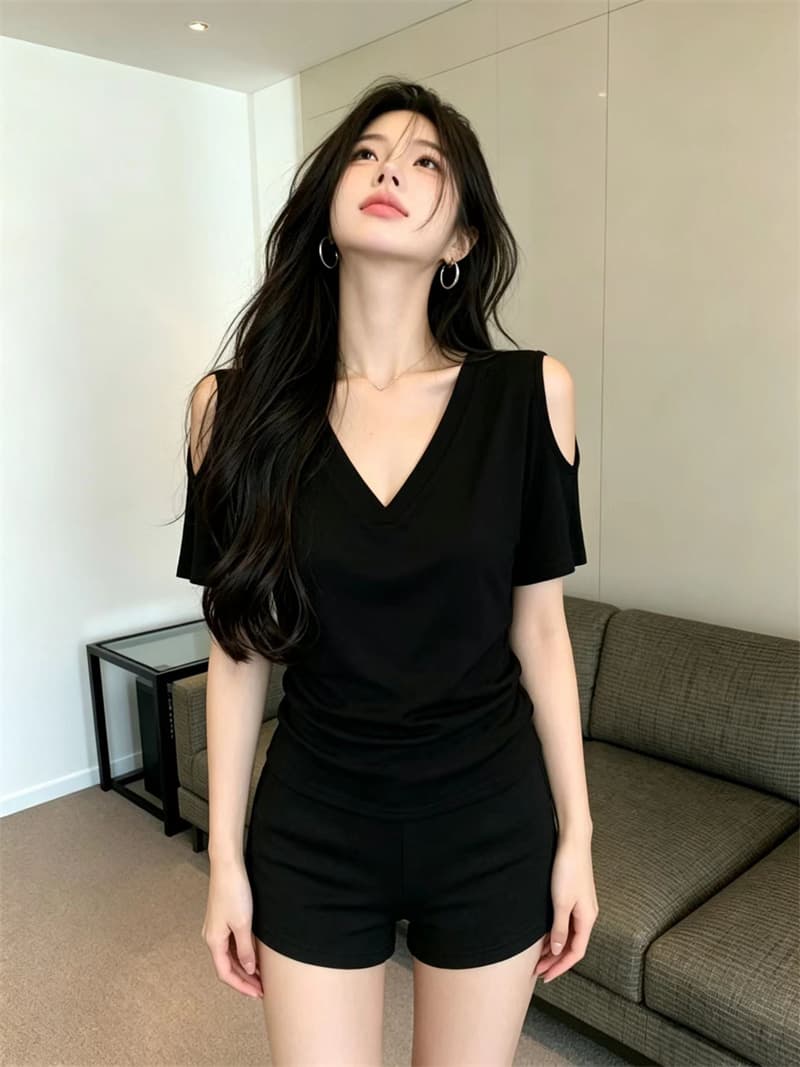 있음 보호 여름 켜기 새로운 한 부서 미니멀리즘 품격 휴식 센스 V넥 오프숄더 반팔 티셔츠 여성 단색 맨위 트렌디 상세 이미지 6