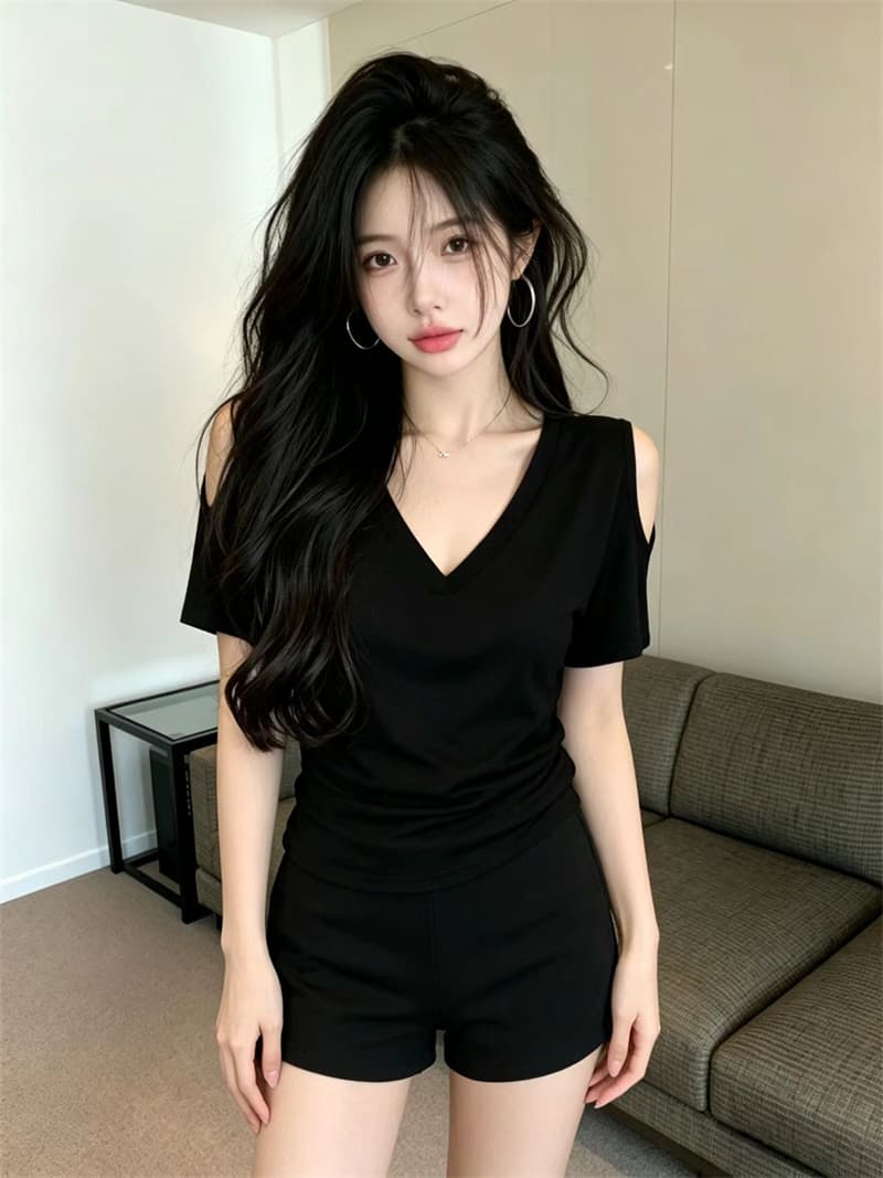 있음 보호 여름 켜기 새로운 한 부서 미니멀리즘 품격 휴식 센스 V넥 오프숄더 반팔 티셔츠 여성 단색 맨위 트렌디 상세 이미지 7
