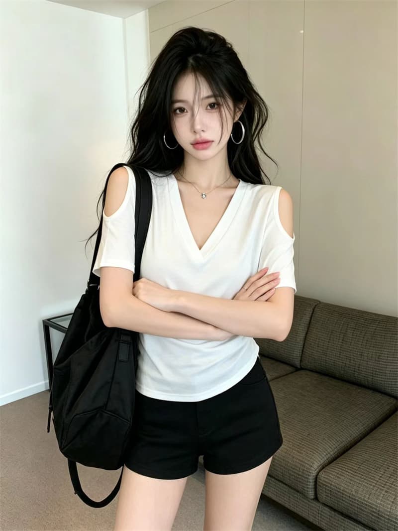 있음 보호 여름 켜기 새로운 한 부서 미니멀리즘 품격 휴식 센스 V넥 오프숄더 반팔 티셔츠 여성 단색 맨위 트렌디 상세 이미지 8