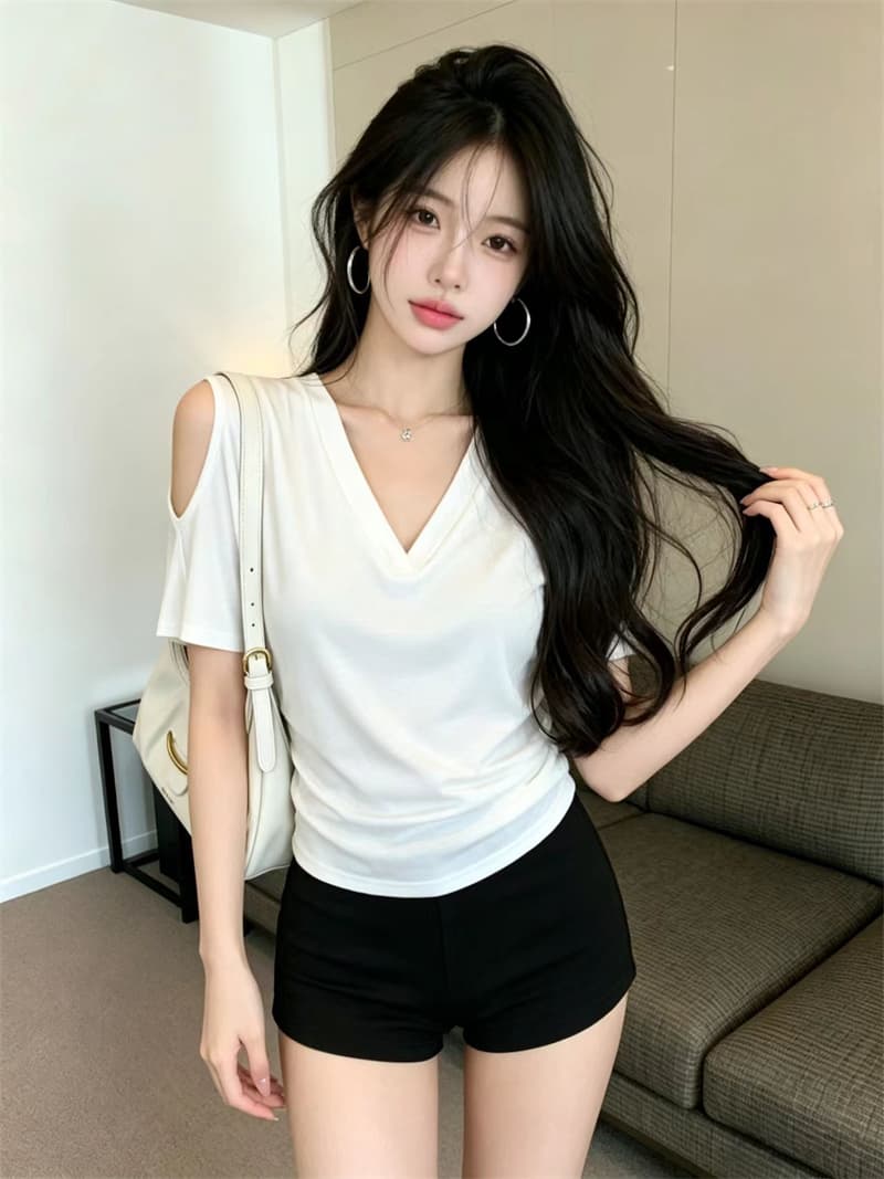 있음 보호 여름 켜기 새로운 한 부서 미니멀리즘 품격 휴식 센스 V넥 오프숄더 반팔 티셔츠 여성 단색 맨위 트렌디 상세 이미지 9