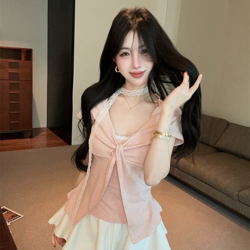 있음 보호 여름 켜기 새로운 순수한 욕망 디자인 비틀림 레이스 페이크 레이어드 반팔 티셔츠 여성 한 첨부 된 의류 리본 이미지 5