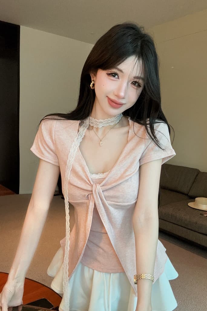 있음 보호 여름 켜기 새로운 순수한 욕망 디자인 비틀림 레이스 페이크 레이어드 반팔 티셔츠 여성 한 첨부 된 의류 리본 이미지 6