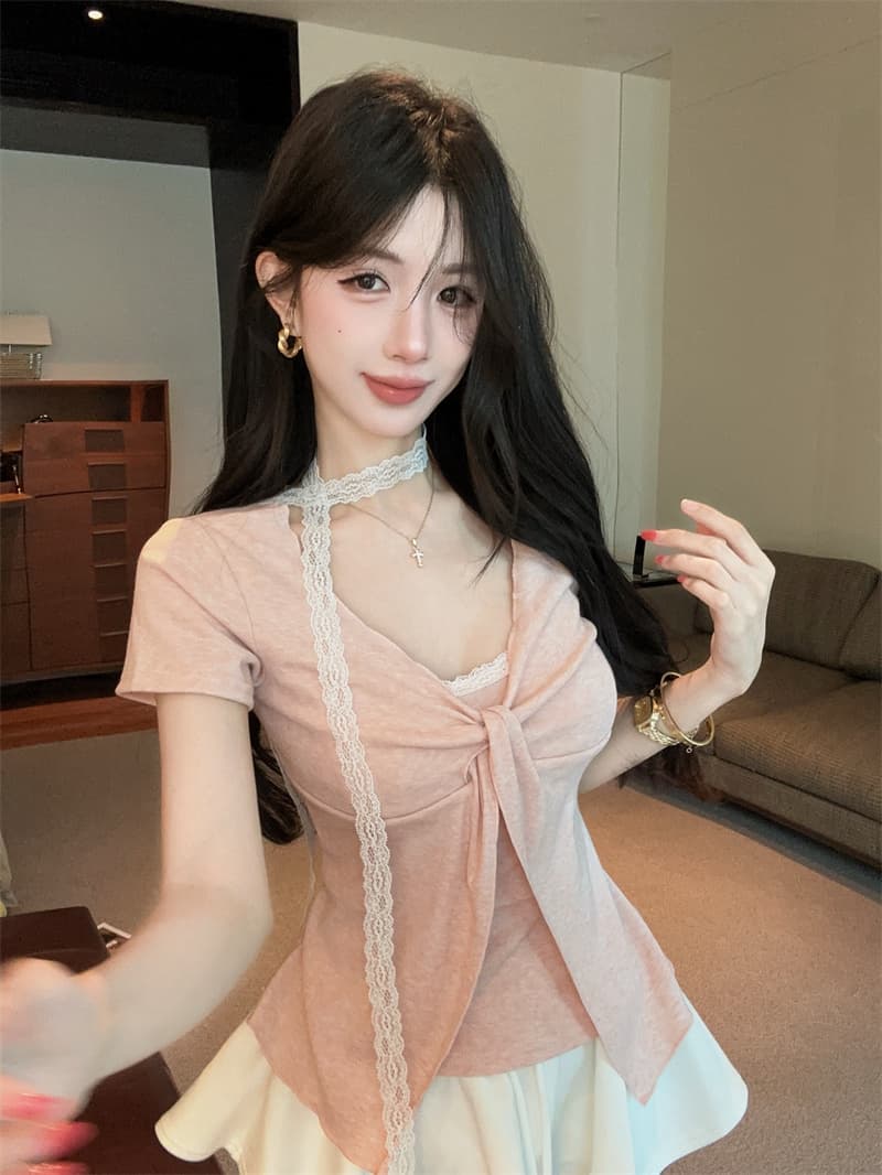 있음 보호 여름 켜기 새로운 순수한 욕망 디자인 비틀림 레이스 페이크 레이어드 반팔 티셔츠 여성 한 첨부 된 의류 리본 상세 이미지 1
