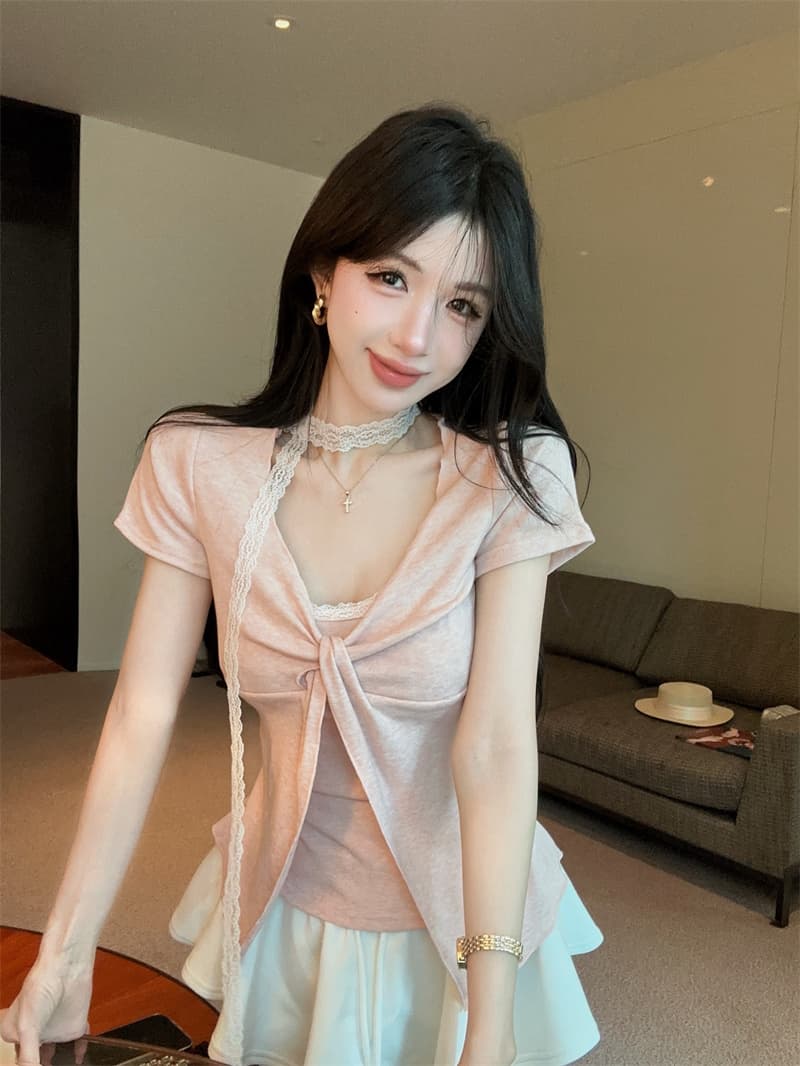 있음 보호 여름 켜기 새로운 순수한 욕망 디자인 비틀림 레이스 페이크 레이어드 반팔 티셔츠 여성 한 첨부 된 의류 리본 상세 이미지 2