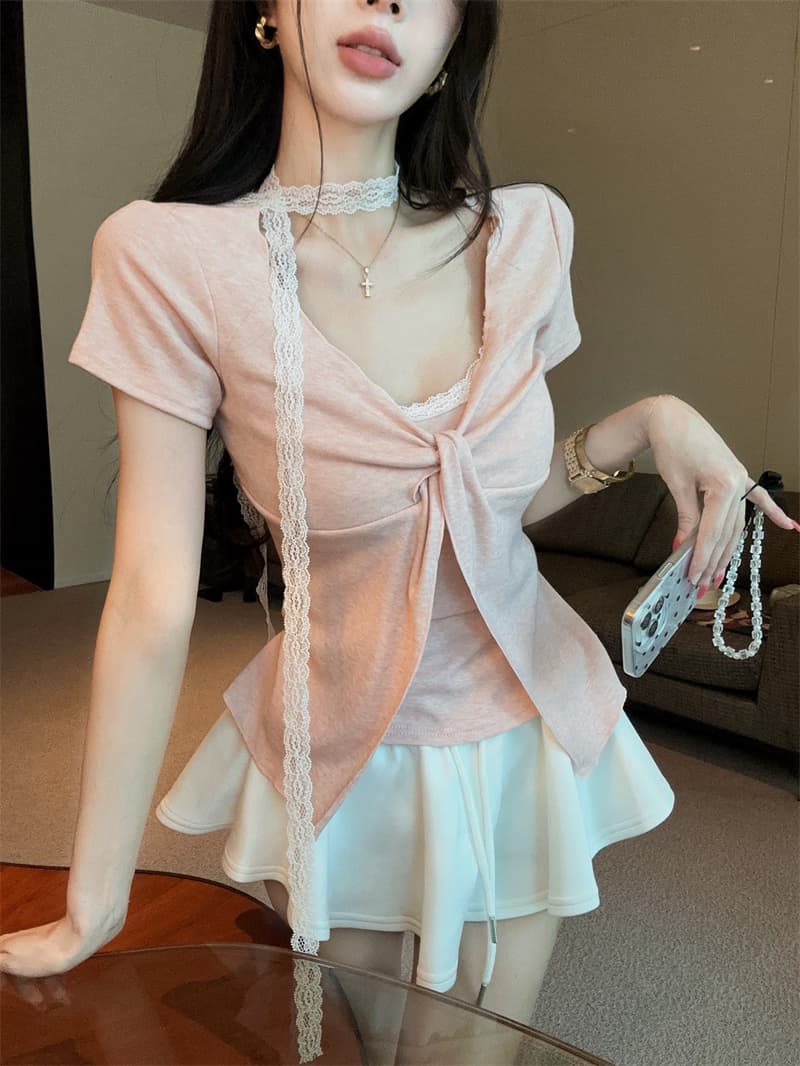 있음 보호 여름 켜기 새로운 순수한 욕망 디자인 비틀림 레이스 페이크 레이어드 반팔 티셔츠 여성 한 첨부 된 의류 리본 상세 이미지 3