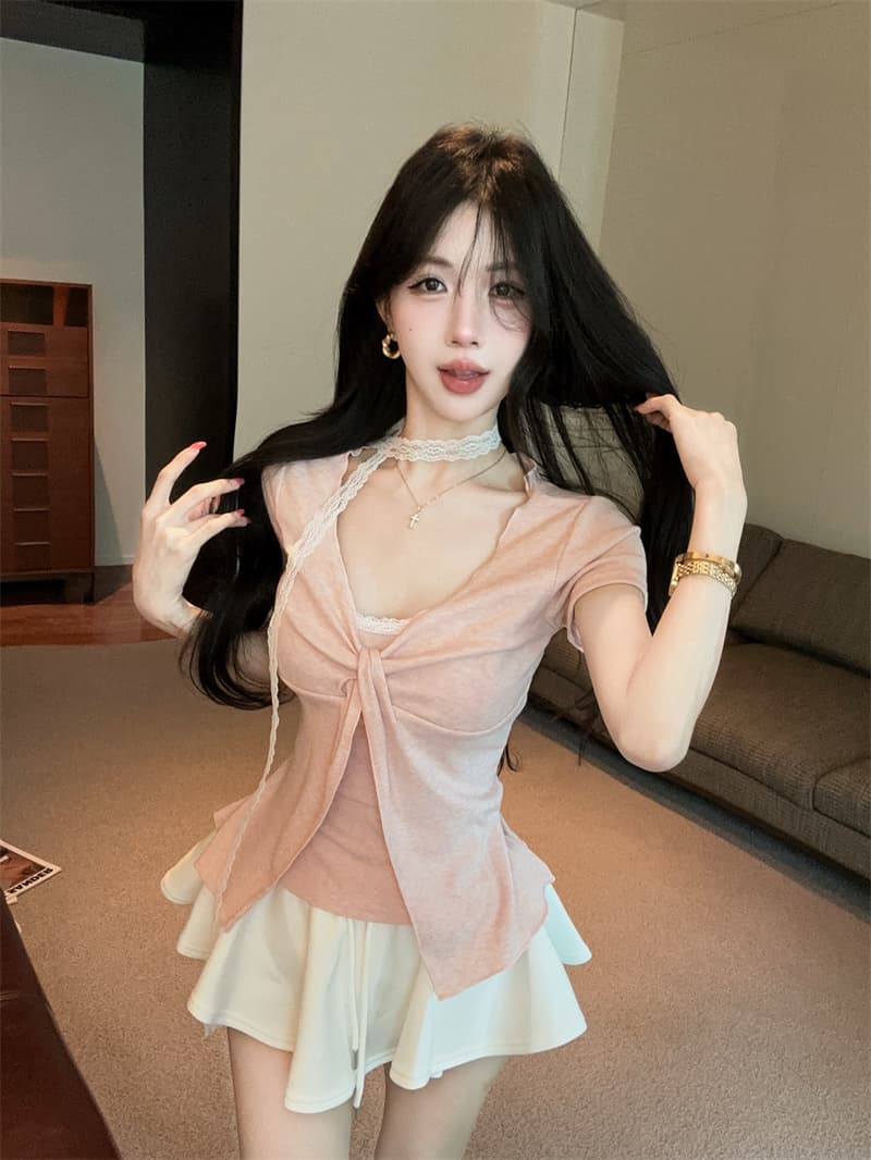 있음 보호 여름 켜기 새로운 순수한 욕망 디자인 비틀림 레이스 페이크 레이어드 반팔 티셔츠 여성 한 첨부 된 의류 리본 상세 이미지 5