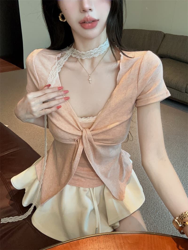 있음 보호 여름 켜기 새로운 순수한 욕망 디자인 비틀림 레이스 페이크 레이어드 반팔 티셔츠 여성 한 첨부 된 의류 리본 상세 이미지 6