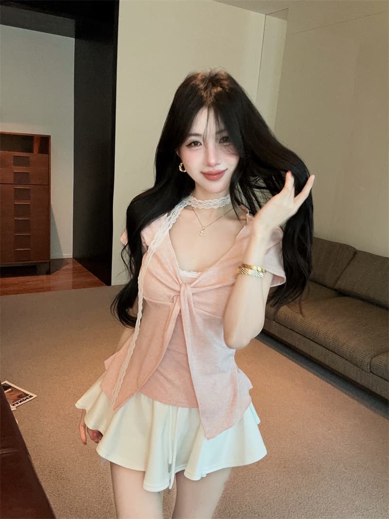있음 보호 여름 켜기 새로운 순수한 욕망 디자인 비틀림 레이스 페이크 레이어드 반팔 티셔츠 여성 한 첨부 된 의류 리본 상세 이미지 8